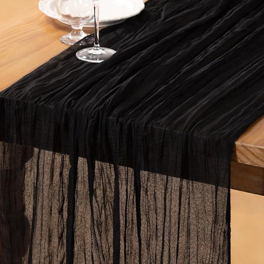 DeZerlor Black Cheesecloth Table Runner Spring Easter Table Runner 120 Inches Boho Gauze Cheese Cloth Table Decor for Wedding Bridal Baby Shower Parties
