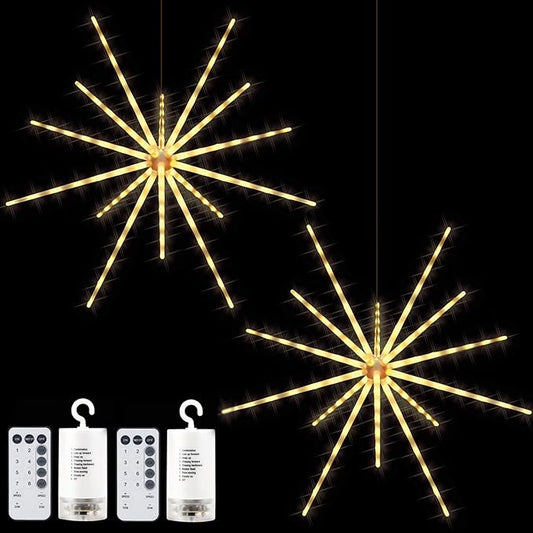 Tiandirenhe 2 Pack 224 LED Hanging Starburst Light, Firework Fairy Starburst String Lights Hanging Star Lights with Remote, 8 Lighting Modes Operated, Starry Light for Garden Party Christmas(Yellow)