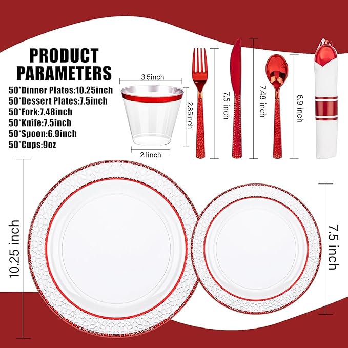 Ciaell 350 PCS Clear and Red Plastic Plates – Red Dinnerware Set for 50 Guests Include 100 Plastic Plates, 50 Pre Rolled Napkins with Cutlery Set, 50 Cups for Wedding & Party & Mother's Day