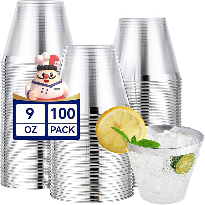 JOLLY CHEF 100 Pack Silver Plastic Cups, 9 oz Clear Plastic Tumblers, Elegant Silver Rimmed Cups, Disposable Glasses for Wedding, Thanksgiving Day, Christmas Party