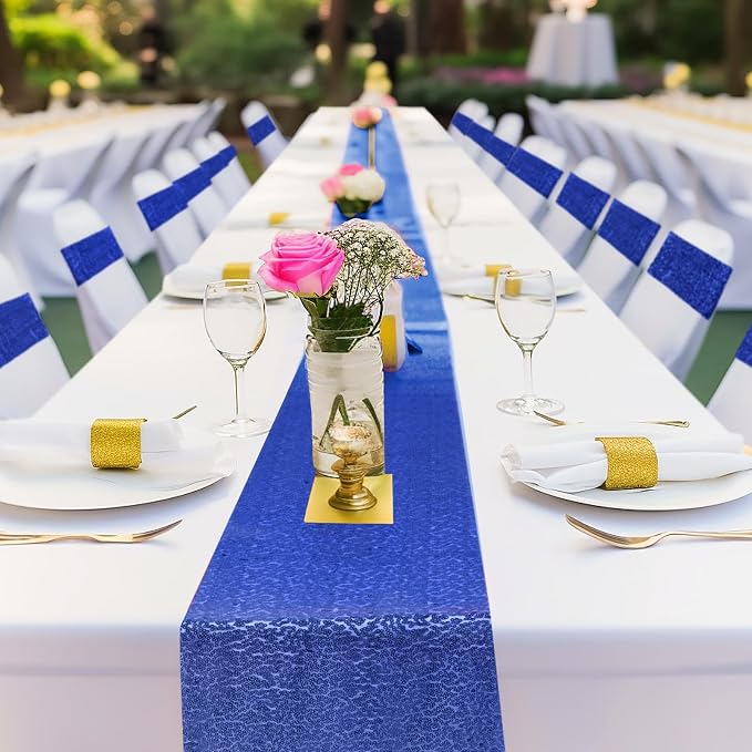 Newwiee 54 Pcs Blue Sequin Chair Sashes and Table Runners, 48 Sequin Chair Bows, 6 Glitter Table Runners for Birthday Party Wedding Banquet Holiday Decorations