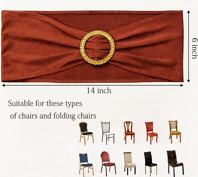 Pack of 50 Spandex Terracotta Chair Sashes with Gold Buckles, Stretch Chairs Sashes for Wedding Party Baby Shower Ceremony Event Decorations Chair Bands Bows (Terracotta Sashes, Gold Buckles)