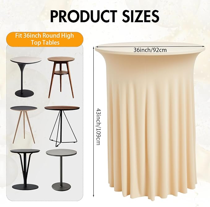 2 pk Champagne Cocktail Table Cloth Round 36×43in-High Top Highboy Bar Cocktail Tablecloths-Wrinkle Free Stretchy Fitted Spandex Table Covers with Ruffle Desk Skirt for Wedding Banquet Party Tables