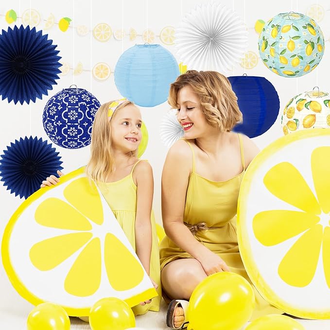 FYSUIMU 18Pcs Capri Lemon Paper Lantern Set Blue Yellow Hanging Lanterns with Honeycomb Balls Paper Fans for Summer Mediterranean Birthday Wedding Baby Shower