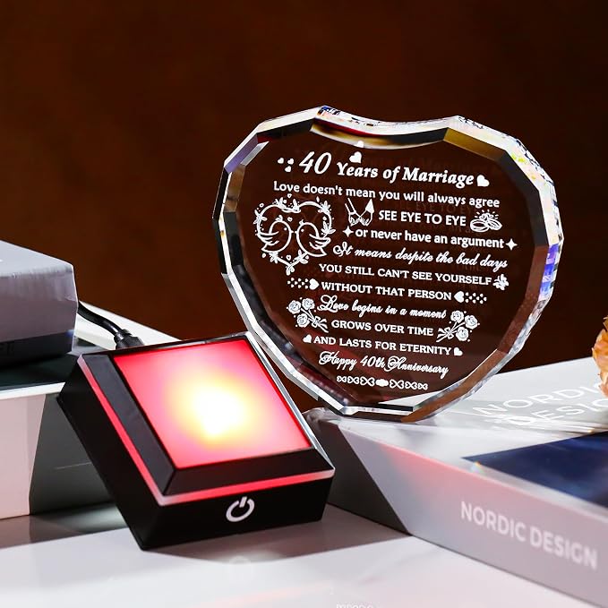 Arikyrist 40th Wedding Anniversary Crystal Heart Gifts for Couple Parents, Laser Engraved 40th Anniversary Decoration Gifts for Wife Husband, 40 Years of Marriage Gift for Him Her Friends