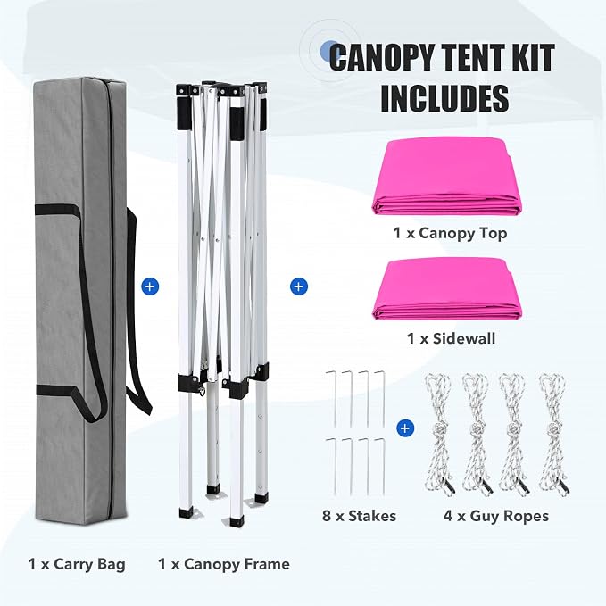 EAGLE PEAK Pop up Canopy 5x5, Outdoor Portable Canopy Tent with One Removable Sunwall, Carry Bag Included, Pink