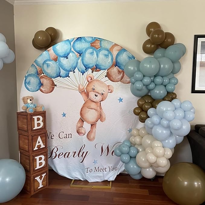 Double Stuffed Dusty Blue Brown Balloon Arch Kit, Neutral Balloon Garland Pastel Baby Blue Dark Brown White Sand Beige Tan Latex Balloons for Boys Baby Shower Teddy Bear Birthday Party Decorations
