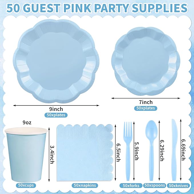 NatNarr 350 Pcs Light Blue Paper Plates and Napkins Set Include 9" Dinner Plates, 7" Dessert Plate Disposable Scalloped Tableware Serve 50 Guest for Wedding Boy Baby Shower Bridal Shower Birthday