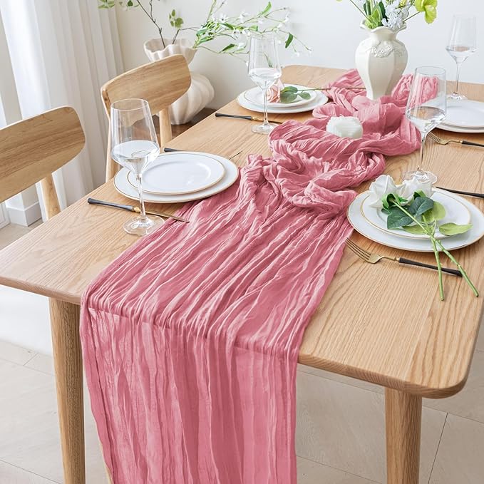 2PCS Table Runner Cheesecloth 10FT Dusty Rose Boho Gauze Cheese Cloth Rustic Sheer Table Runners for Wedding Birthday Bridal Baby Shower Party Decoration