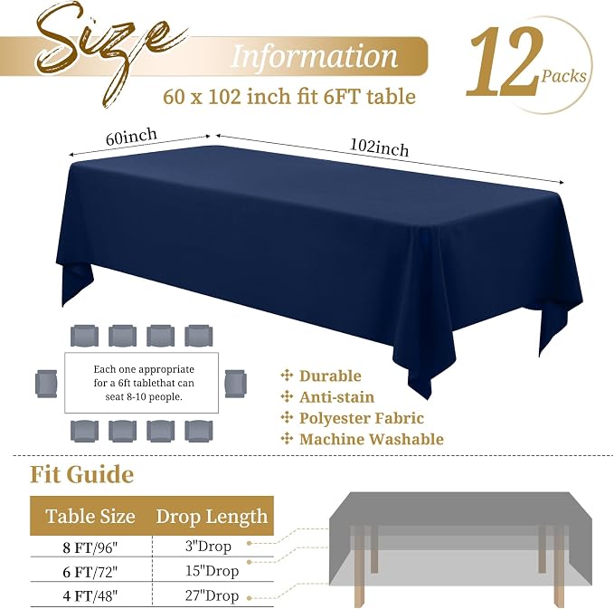 Showgeous 12 Pack Table Cloth Navy Blue Tablecloth 60 x 102 Inch Table Clothes for 6 Foot Rectangle Tables, Wrinkle Resistant Washable Polyester Table Cover for Wedding Parties Banquet