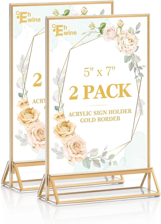 EHWINE 2 Pack Acrylic Sign Holder 5 x 7, Double Sided Gold Picture Frame Stand up Table Top Sign Holders, Clear Display Stand Menu Flyer Holder for Wedding Party