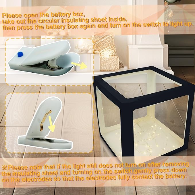 Ledido Transparent Balloon Boxes, Clear Balloon Boxes with 6 Pcs String Lights and 78 Letters for Baby Shower Gender Reveal Grad Birthday Party Anniversary Bridal Wedding Decor - 6 Black Boxes