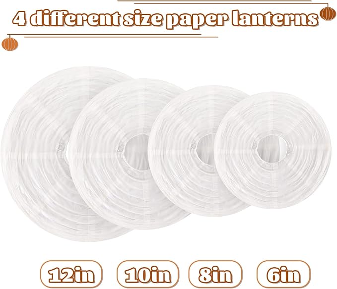 White Hanging Paper Lanterns, Round Chinese Paper Lanterns, Party Wedding Anniversary Decorations, 4 Size - 10 Pieces