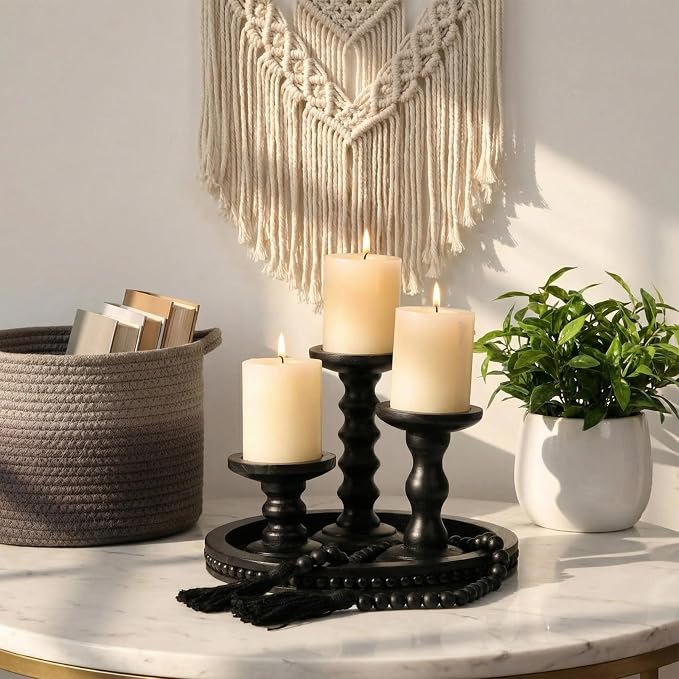 Reallnaive 8 Pcs Farmhouse Wood Candle Holders with Pillar Candles Set Wooden Rustic Candle Holders Round Decorative Serving Tray Bead Garland with Natural Wood Tassels for Table Centerpiece (Black)