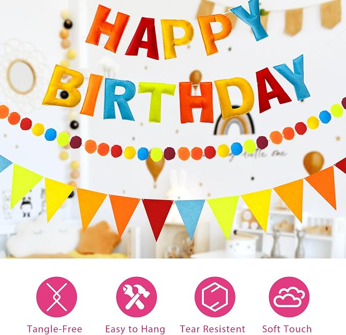 CANREVEL Pre-Strung 3D Happy Birthday Banner, 3 PCS Blue Felt Garland, Pom Pom Garland, Triangle Fabric Bunting, Reusable Blue Birthday Decorations for Boys Men, Blue Orange