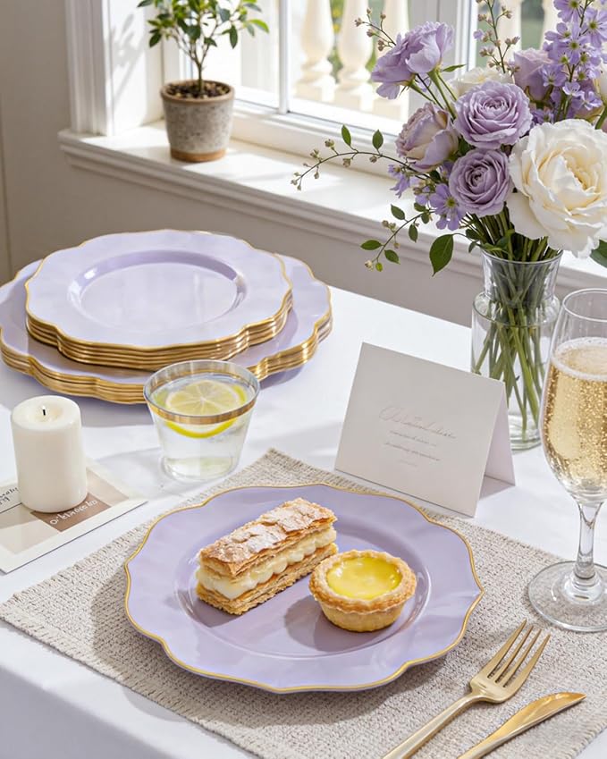 bUCLA 180PCS Purple Plastic Plates - Disposable Purple with Gold Rim, Include 30 Each (Dinner & Salad) Plates, 30 Knives, 30 Forks, 30 Spoons, 30Cups for Party, Shower & Birthday