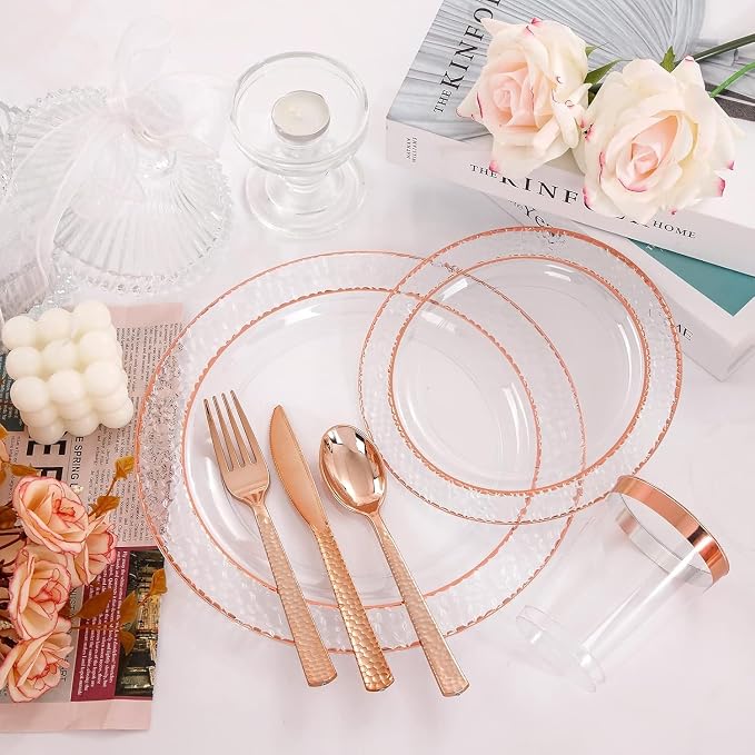 Liacere 350PCS Rose Gold Plastic Plates-Clear Rose Disposable Plates 50 Guests include 50 Dinner Plates,50 Salad Plates,50 Forks,50 Knives,50 Spoons,50 Cups,50 Napkins for Wedding & Party