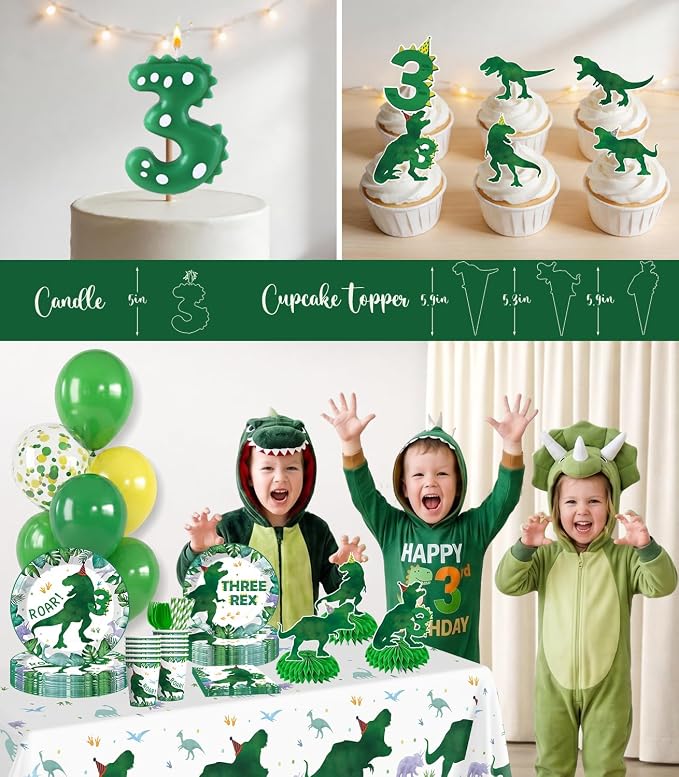 Xynic 209Pcs Three Rex Birthday Decorations Boy, All-in-One Party Supplies Includes Banner, Candle, Balloons, Plates and Napkins, Easy Setup Dinosaur 3rd Birthday, Serves 25