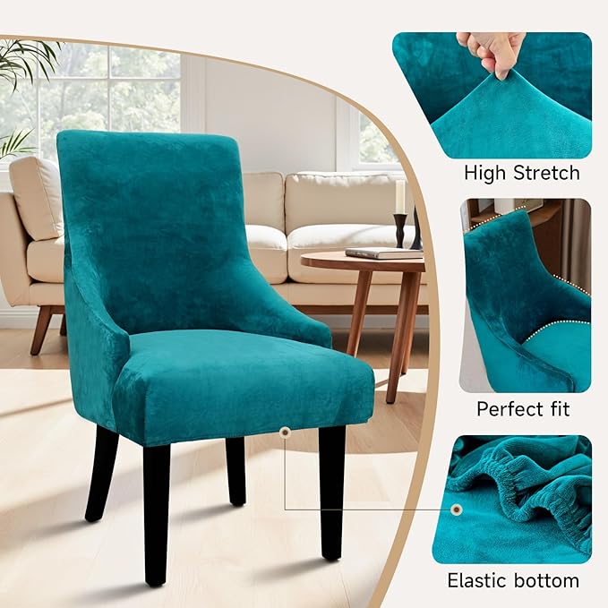Velvet Wingback Dining Chair Cover Soft Stretch Accent Chair Cover Slipcover Thick Plush Wing Back Chairs Covers Furniture Protect Washable Chairs Protector Covers for Dining Room (Peacock Blue, 2)