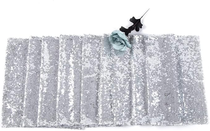 JYFLZQ Silver Sequin Table Runner 12"x108" Glitter Sequin Fabric Table Linens - Sparkly Runners for Wedding & Birthday Party Decor