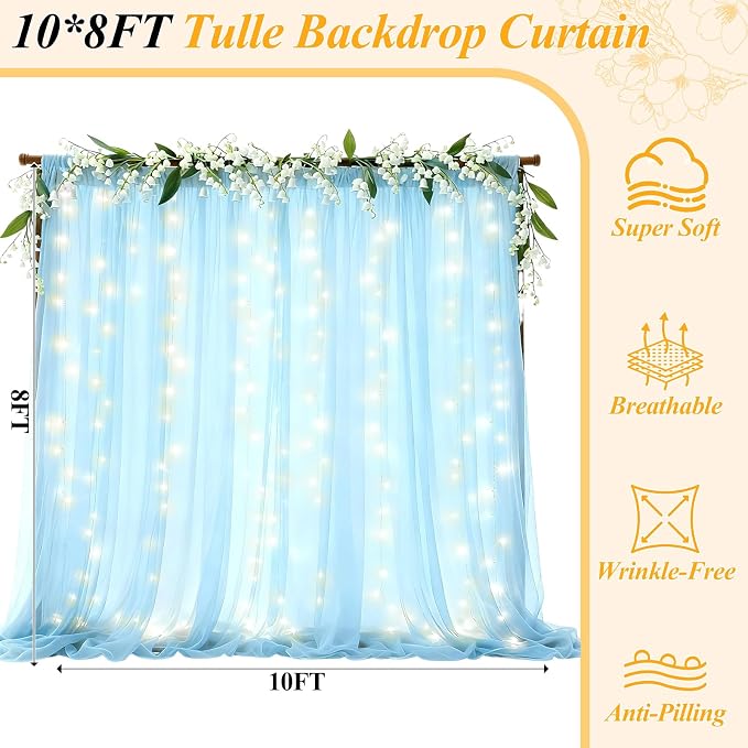 Ledido 3 Pack 10×8ft Blue Tulle Backdrop Curtains with Lights String - 900LED Fairy Lights Sheer Curtain Backdrop for Wedding Baby Shower Photo Shoot Birthday Party Decoration(6 Panels 5×8ft)，Blue