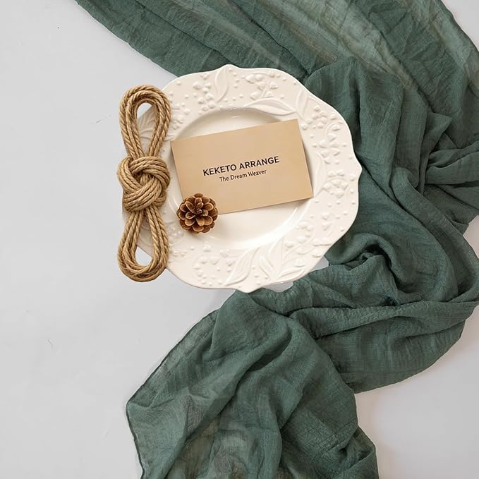 Keketoarrange Forest Green Summer Table Runner Gauze Rustic Cheesecloth 120 Inch 10 FT for Wedding Baby Shower Bridal Shower Birthday Party Sheer Boho Spring Home Decorations
