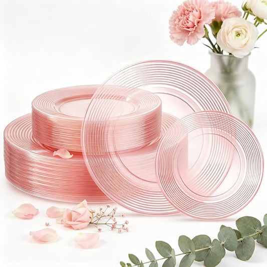 FLOWERCAT 100PCS Clear Pink Plastic Plates Disposable Plates for Party - Heavy Duty Plastic Plates - 10" &7" Plate for 50 Guests Spring Parties & Mother's Day & Events