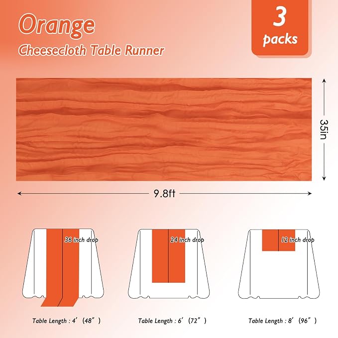 3 Pack Orange Cheesecloth Table Runner 120 Inch 10FT Cheese Cloth Fabric Runners for Boho Decor, Tropical Theme Decoration, Birthday Party