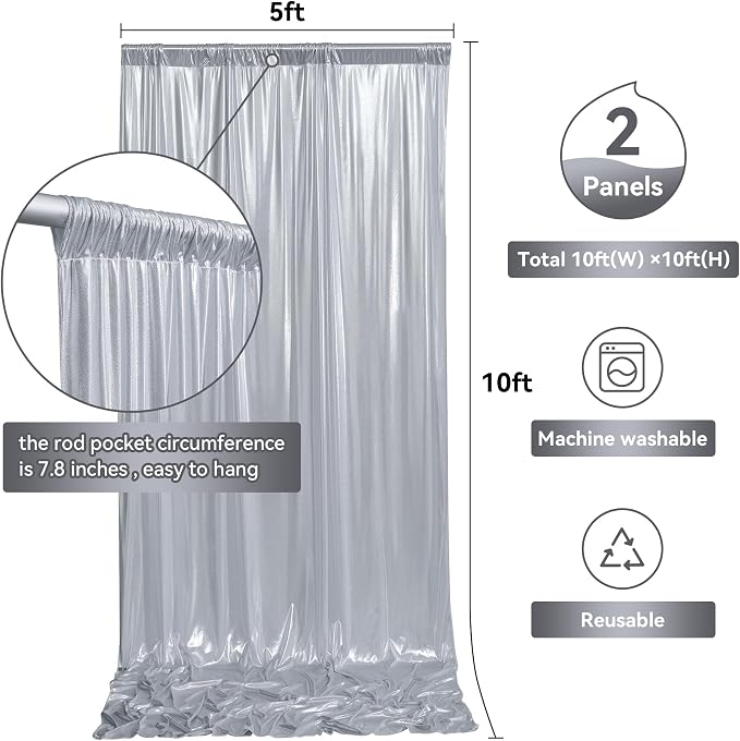 10ftx10ft Sequin Silver Backdrop Curtain for Parties, Wrinkle Free Thick Glitter Photo Backdrop Drapes 2 Panels 5x10FT Shimmer Back Drop Cloth for Wedding Birthday Christmas Photography Background