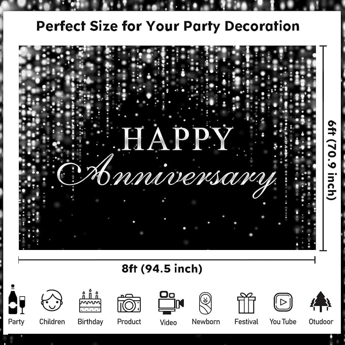 Sensfun Happy Anniversary Backdrop Black Silver Glitter Marriage Wedding Party Decorations Banner Shining Flowing Curtain We Still Do Anniversary Sign Photography Background Photo Booth Props 7x5ft