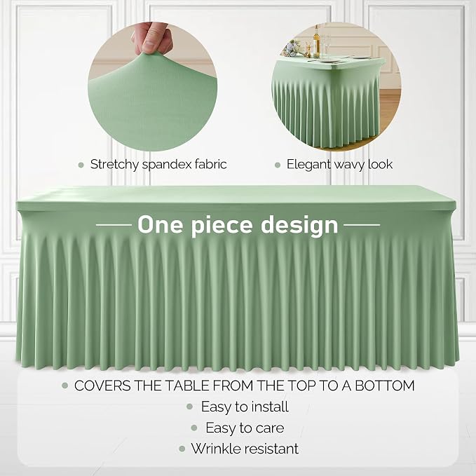 1 Pack Sage Green Spandex Tableclothes for 6 Foot Rectangle Tables, Wrinkle Free 6ft Fitted Table Cover Stretch Table Cloth Desk Skirt for Weddings Baby Shower Birthday Party Banquet Decorations