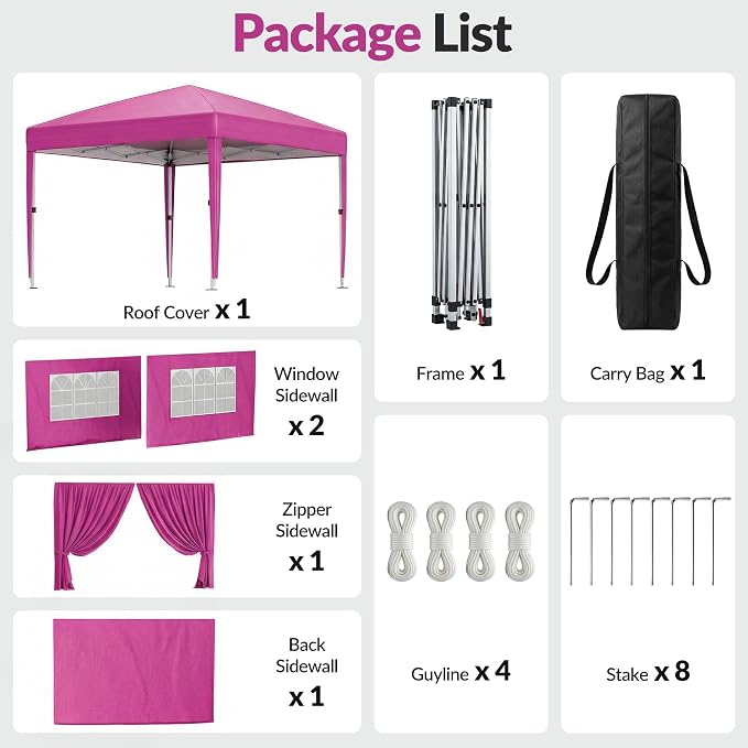 10x10 Pop Up Canopy with Sidewalls, Instant Tent with Carry Bag, Height Adjustable Waterproof Shade Canopy, for Event, Parties, Camping (Pink, 10x10 with Sidewalls)
