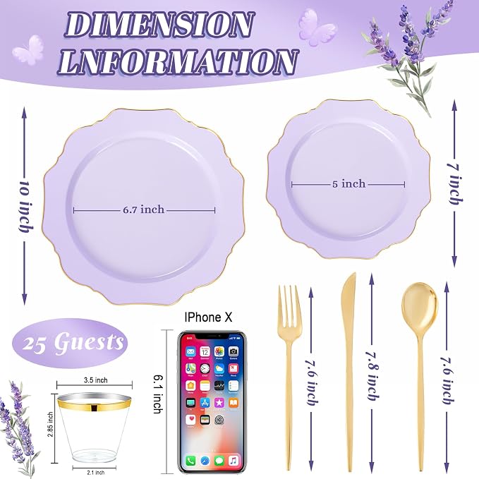 WDF 175Pcs Purple Plates Disposable - Lavender Plastic Plates 25guest Plastic Dinnerware Ideal for Birthday Party/Wedding/Spring/Picnic/First Communion
