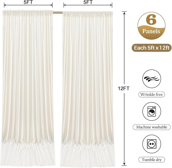 30ftx12ft Wrinkle Free Ivory Backdrop Curtain, 6 Panels 12FT Long Wedding Photo Backdrop Drapes, Silky Polyester Back Drop Cloth for Birthday Photography Background Party Backdrop Draping