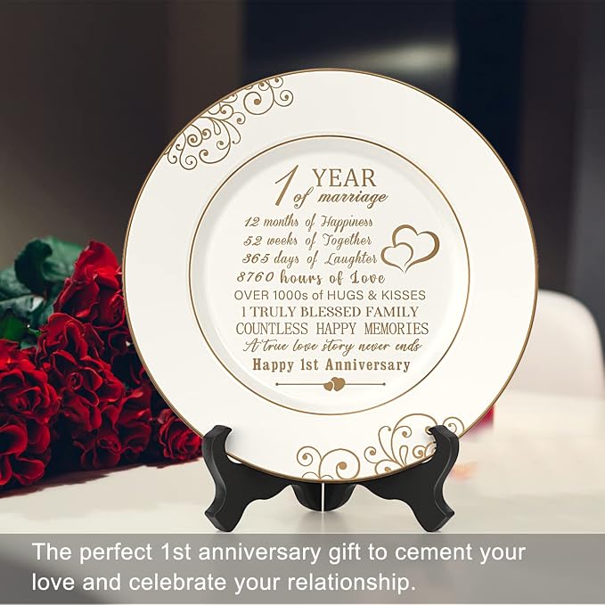 Urllinz 1st Anniversary Plate with 24k Gold Foil - 1 Year Paper Anniversary Wedding Gifts Decorations for Him Couples Wife Husband, Ceramic 9"