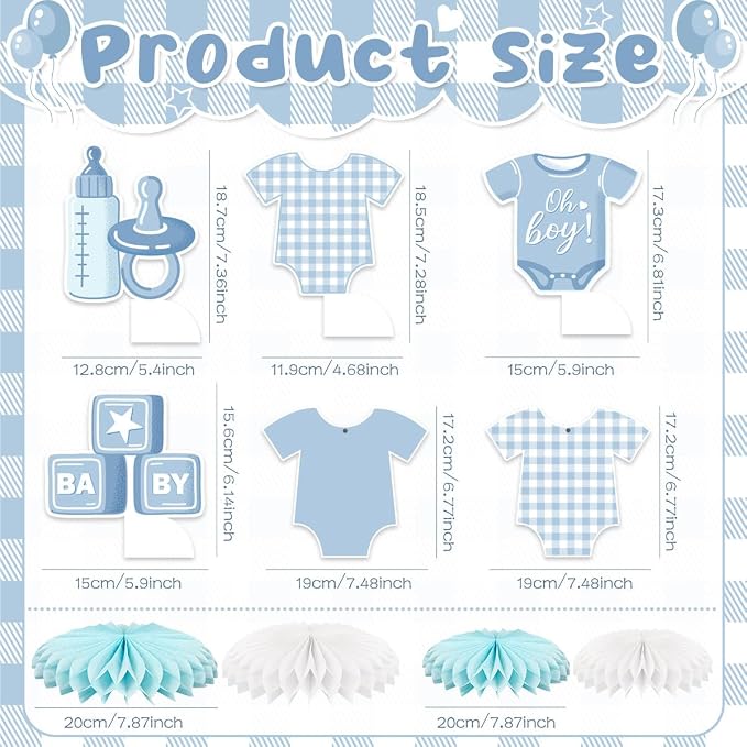 Blue Baby Shower Decorations Boy Blue Gingham Welcome Baby and Body Cloth Banner Plates Napkins Cups Sash Centerpieces Hanging Swirls Tablecloth Cake Topper Balloon Baby Boy Baby Shower Party Decor