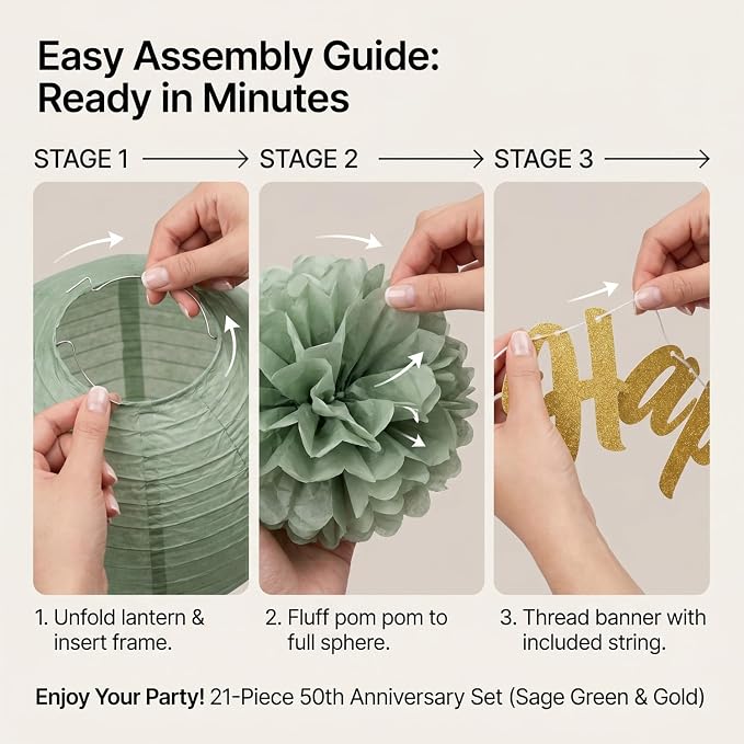 50th Anniversary Decorations, 21PCS Happy 50th Anniversary Party Banners Pompoms Paper Lanterns Tassels Decor Set, Cheers to 50 Years Wedding Celebration Party Supplies for Dad Mom