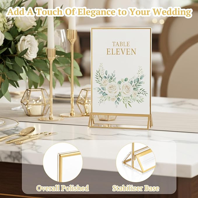 EHWINE 14 Pack 4×6 Clear Acrylic Sign Holder with Gold Borders and Vertical Stand, Double Sided Table Menu Holders Picture Frames for Wedding Table Numbers, Restaurant Signs, Photos and Art Display