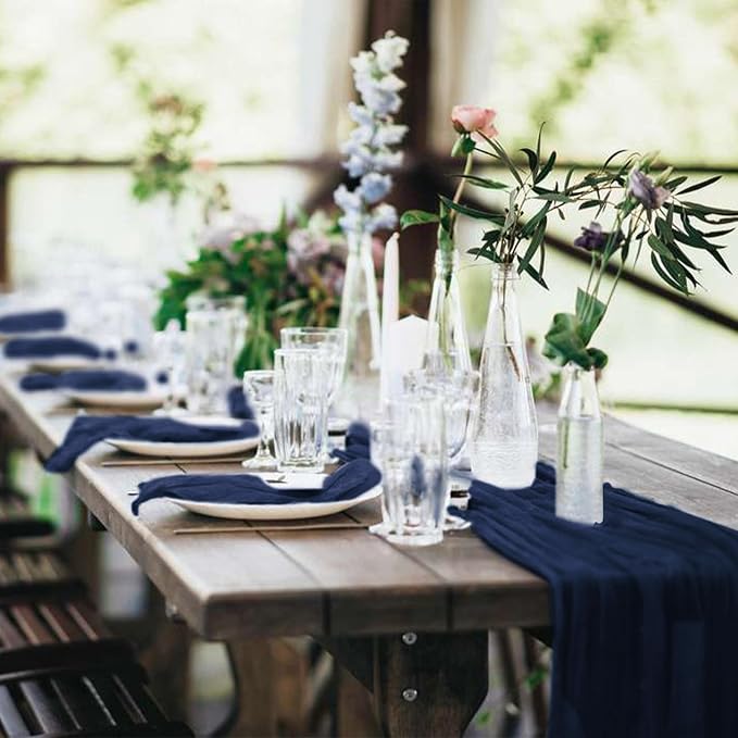 10 Pack Cheesecloth Table Runner 17 x 108 inch Long Boho Gauze Table Runners Semi Sheer Table Runner for Wedding Decor, Baby Shower, Birthday Party, Banquet (Navy Blue)