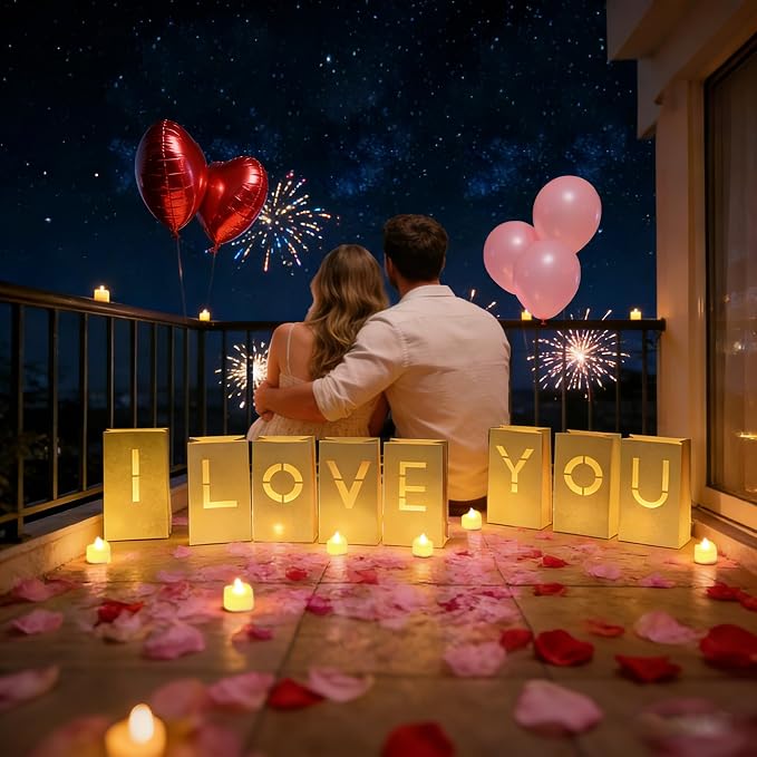I Love You Light Up Letters with Tea Lights Candles Rose Petals Heart Balloons Luminary Paper Bags for Romantic Valentines Wedding Anniversary Banner Sign Decorations to Loved One(2068Pcs)