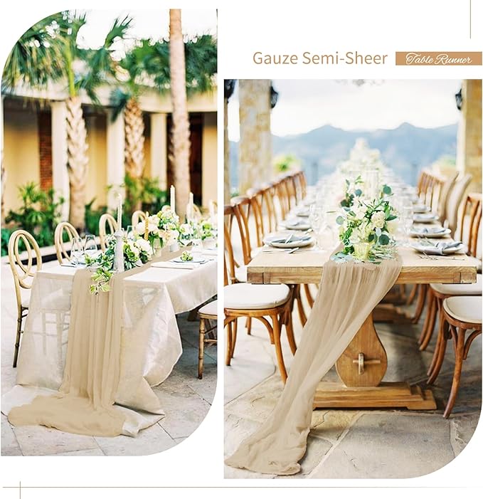 Showgeous 24 Pack Beige Cheesecloth Table Runner, 10FT Long Semi-Sheer Boho or Rustic Gauze Table Runner Wedding Table Decor for Wedding Arch Draping Bridal Shower Holiday Party