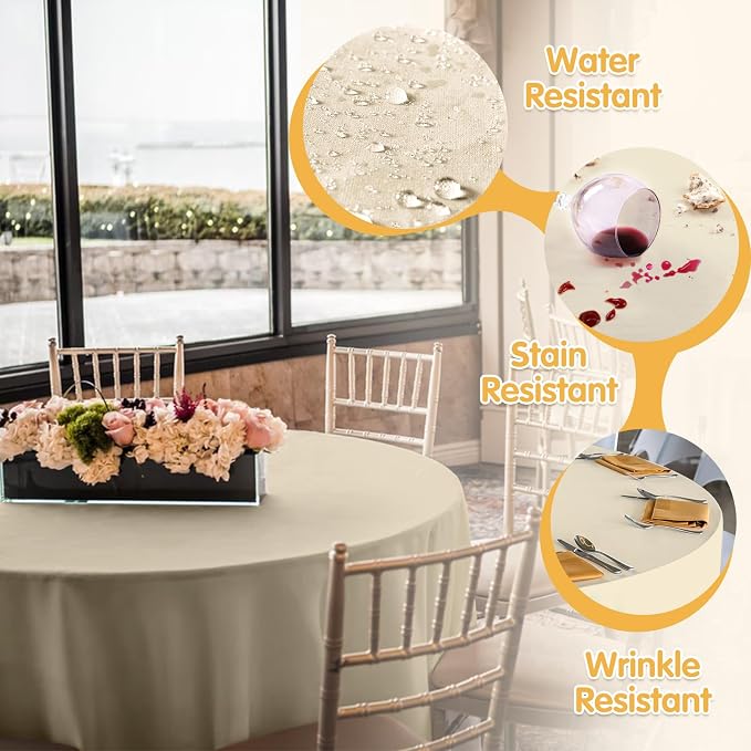 BRILLMAX 6 Pack Beige Round Tablecloths 108 Inch for 48” Tables - 150 GSM Polyester Fabric, Floor Length Drop, Water, Stain & Wrinkle Resistant Cloth Cover for Wedding Reception Banquet Dining