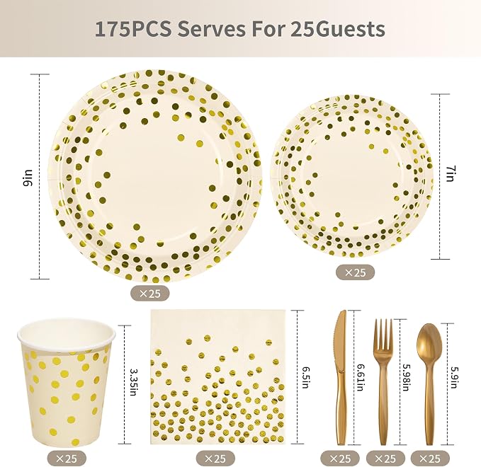 Goodlluck 175PCS Ivory Gold Foil Polka Dot Disposable Party Tableware Set, 25 Guests | 9" & 7" Golden Dot Disposable Paper Plates, 9oz Cups, Napkins & Gold Cutlery for Birthday, Wedding & Baby Shower