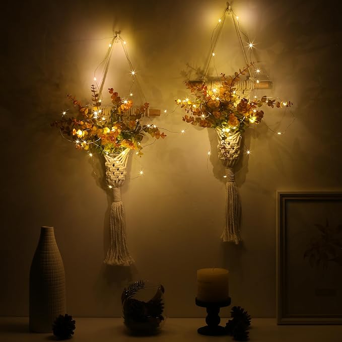 Macrame Wall Hanging Plants with LED Lights, White Cotton Rope, Wooden Dowel, Boho Woven Plant Holders with Artificial Eucalyptus Leaves, Wall Decor, Set of 2 (Orange)