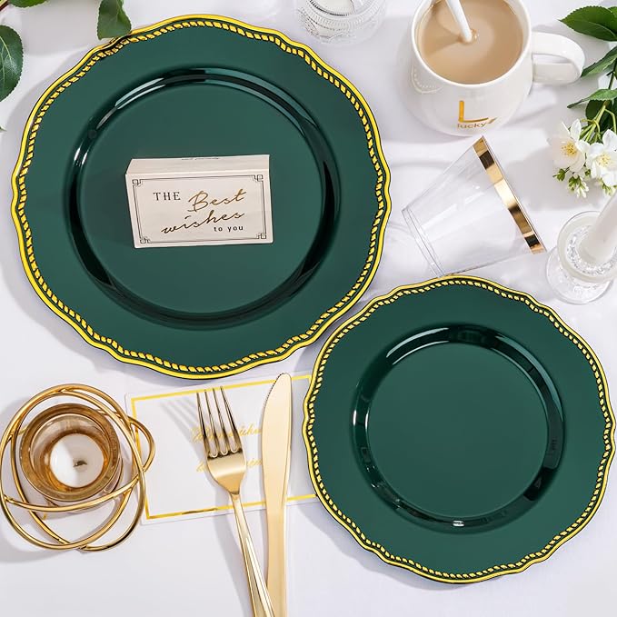 Hioasis 350pcs Green Gold Plastic Plates - Gold Plastic Dinnerware Set Includes 50 Dinner Plates, 50 Dessert Plates, 50 Gold Utensils, 50 Napkins Perfect for Wedding