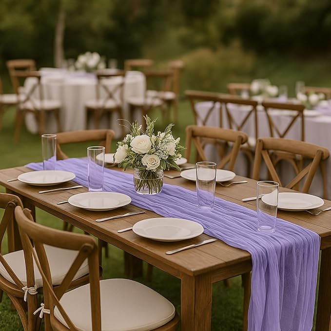 12 Pack Lilac Purple Cheesecloth Table Runner – 10FT x 12pcs Boho Gauze Table Runners for Spring Wedding, Birthday, Fairy Garden Bridal Shower Decor
