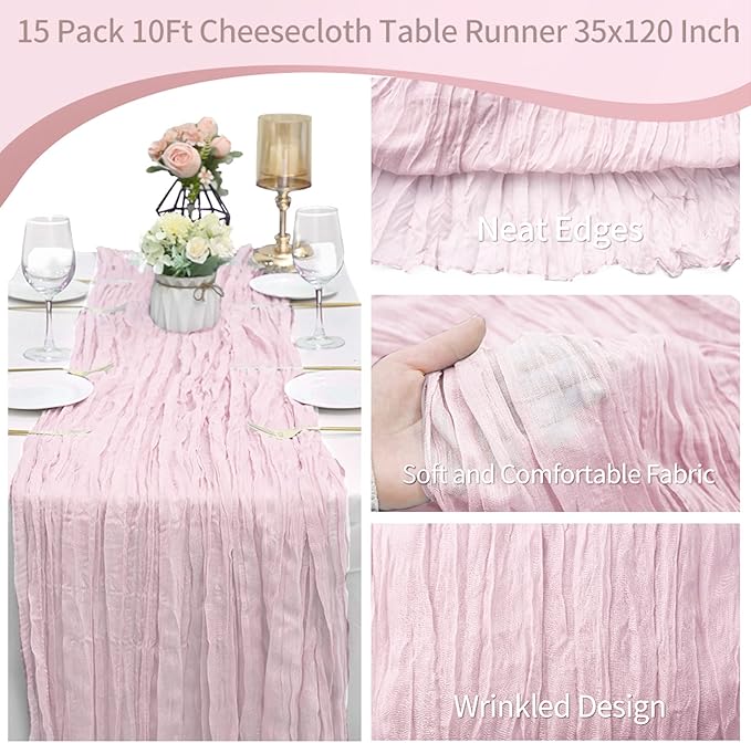 15 Pack Cheesecloth Table Runner 10Ft Pink Table Runner 35 x120Inch Cheese Cloth Table Runners for Wedding Anniversary Banquet Birthday Party Engagement Bridal Baby Shower Valentine's Day Table Decor