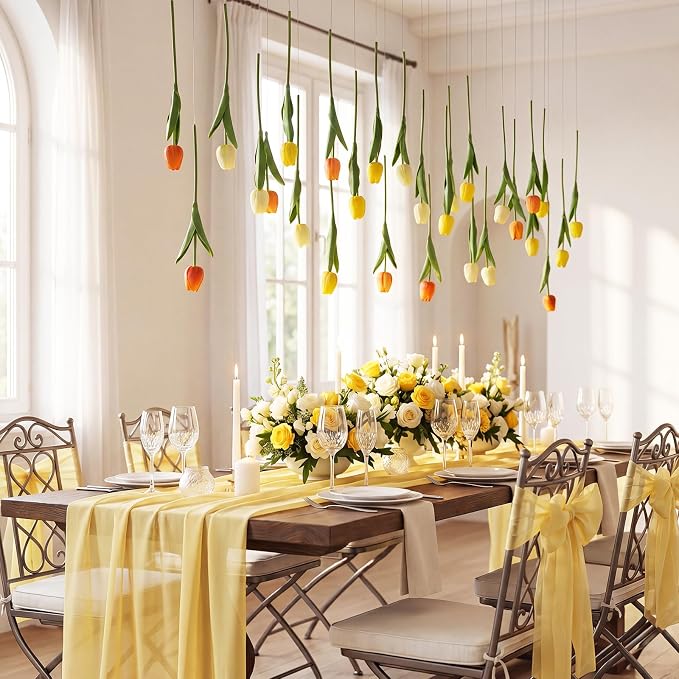 12 Pack Gradient Yellow 5 ft Artificial Tulips Hanging Flower Garland Decorations Spring Summer Dangling Faux Tulip Floral Vine Strings with Hooks for Wall Ceiling Wedding Tea Party