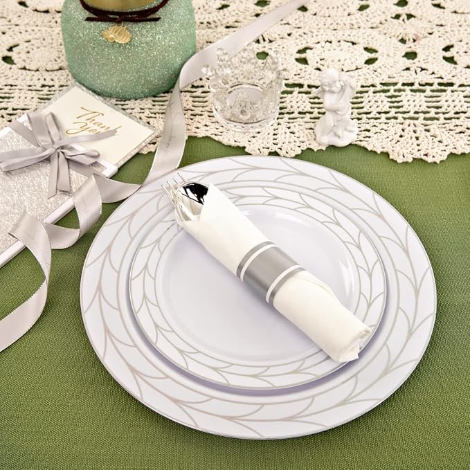 COLOSUS 100pcs Disposable Silver Plastic party plates, Heavy Duty Silver White Plastic Plates set 50 Dinner Plate, 50 Salad Plate for Wedding, Birthday, Party dinner