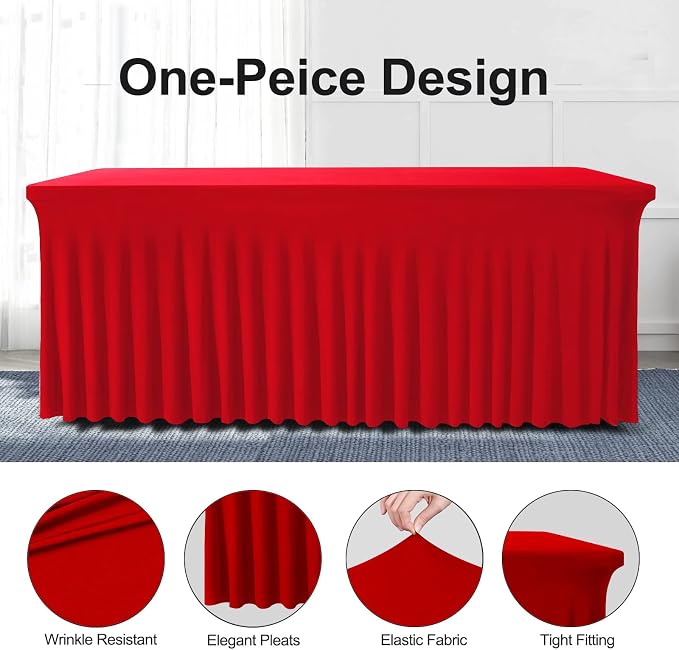 BDDC One-Piece Spandex Table Cover Skirt for 6FT Rectangle Tables | GRS-Certified Eco-Friendly Fabric, Elastic Fitted Ruffle Tablecloth, Washable, For Banquets, Weddings & Parties